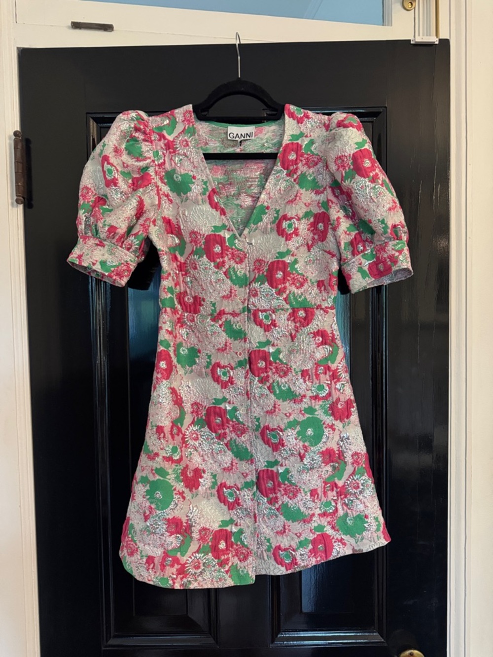 GANNI Pink & Green Floral Puff Sleeve Mini Dress